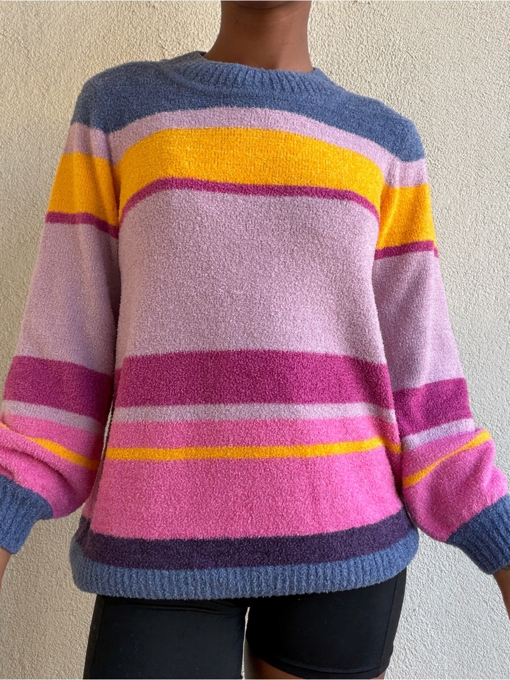 LOGO by Lori Goldstein Pink Multi Striped Crewneck Sweater